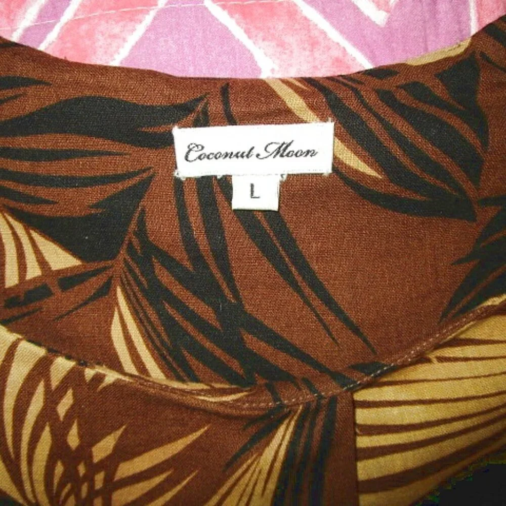 Coconut Moon Exotic Palms Sleeveless Top Size L Tunic Linen Cotton Brown NEW
